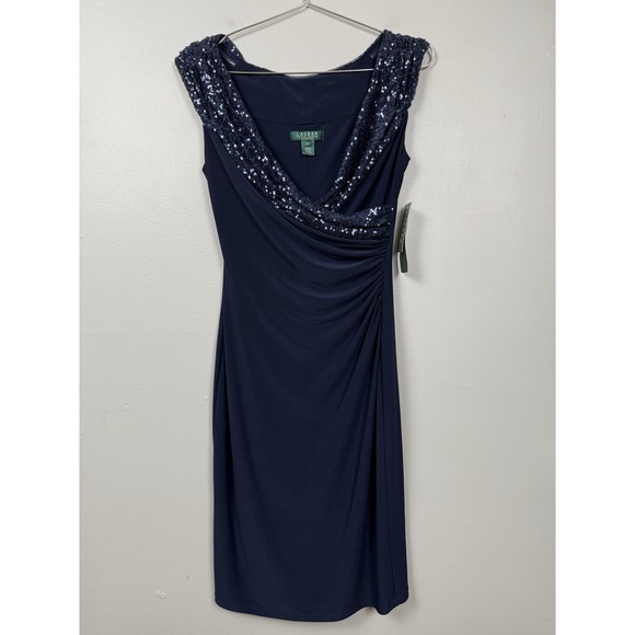 NWT Lauren Ralph Lauren Navy Sequin Evening Dress Ruched Formal Cocktail Party 4 - Picture 1 of 13